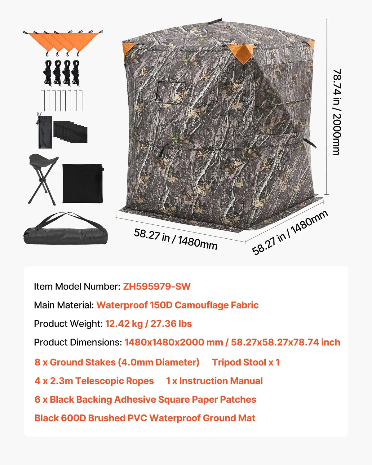 Hunting Blind for 2–3 People with Thermal Insulation, Tripod Chair and Carry Bag, Portable Camouflage Tent, Durable Blind with Silent Zip Door and Window Design, Suitable for Deer and Turkey Hunting