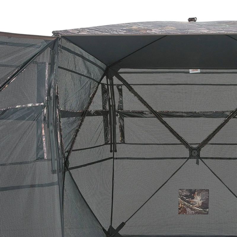 Medību slēpnis 4–5 personām ar caurskatāmu konstrukciju un pārnēsājamo somu, 360° portatīva maskēšanās telts ar kluso rāvējslēdzēja durvju un logu dizainu, izturīgs slēpnis briežu un tītaru medībām