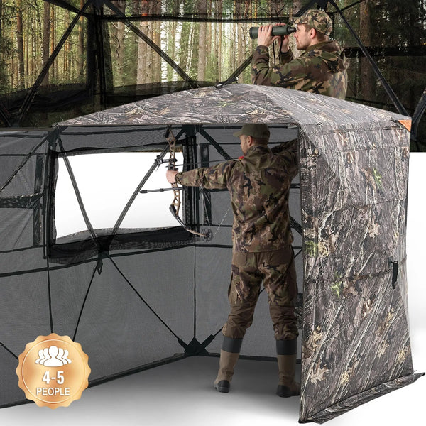 Medību slēpnis 4–5 personām ar caurskatāmu konstrukciju un pārnēsājamo somu, 360° portatīva maskēšanās telts ar kluso rāvējslēdzēja durvju un logu dizainu, izturīgs slēpnis briežu un tītaru medībām