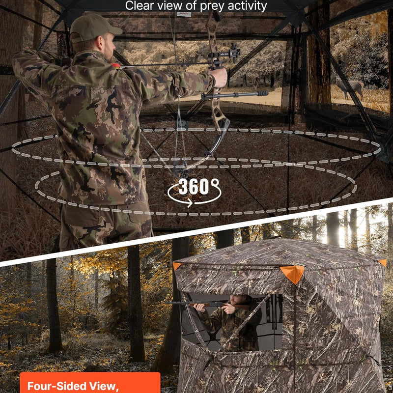 Medību slēpnis 4–5 personām ar caurskatāmu konstrukciju un pārnēsājamo somu, 360° portatīva maskēšanās telts ar kluso rāvējslēdzēja durvju un logu dizainu, izturīgs slēpnis briežu un tītaru medībām