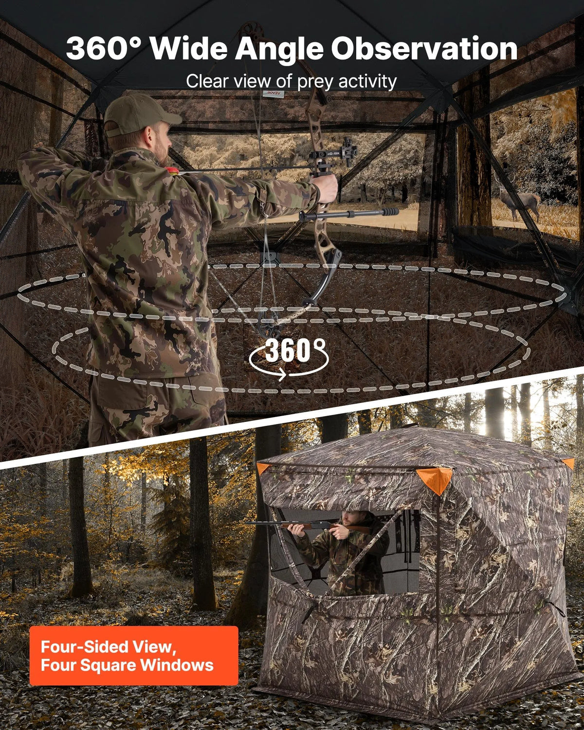 Hunting Blind for 4–5 People with Transparent Construction and Carrying Bag, 360° Portable Camouflage Tent with Silent Zip Door and Window Design, Durable Blind for Deer and Turkey Hunting