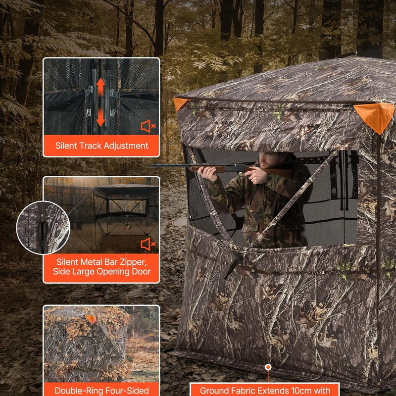 Medību slēpnis 4–5 personām ar caurskatāmu konstrukciju un pārnēsājamo somu, 360° portatīva maskēšanās telts ar kluso rāvējslēdzēja durvju un logu dizainu, izturīgs slēpnis briežu un tītaru medībām