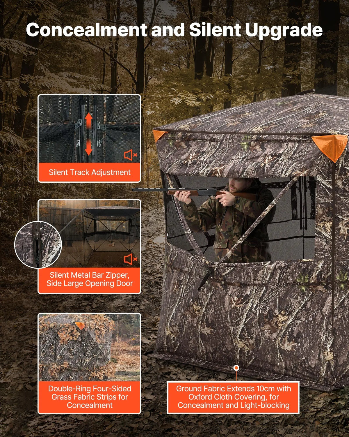 Hunting Blind for 4–5 People with Transparent Construction and Carrying Bag, 360° Portable Camouflage Tent with Silent Zip Door and Window Design, Durable Blind for Deer and Turkey Hunting