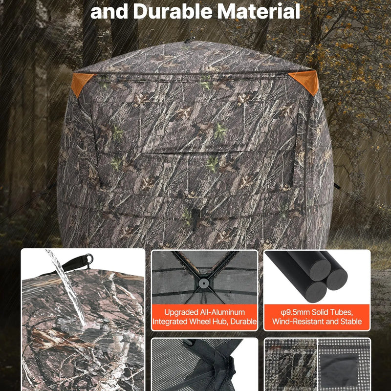 Medību slēpnis 4–5 personām ar caurskatāmu konstrukciju un pārnēsājamo somu, 360° portatīva maskēšanās telts ar kluso rāvējslēdzēja durvju un logu dizainu, izturīgs slēpnis briežu un tītaru medībām