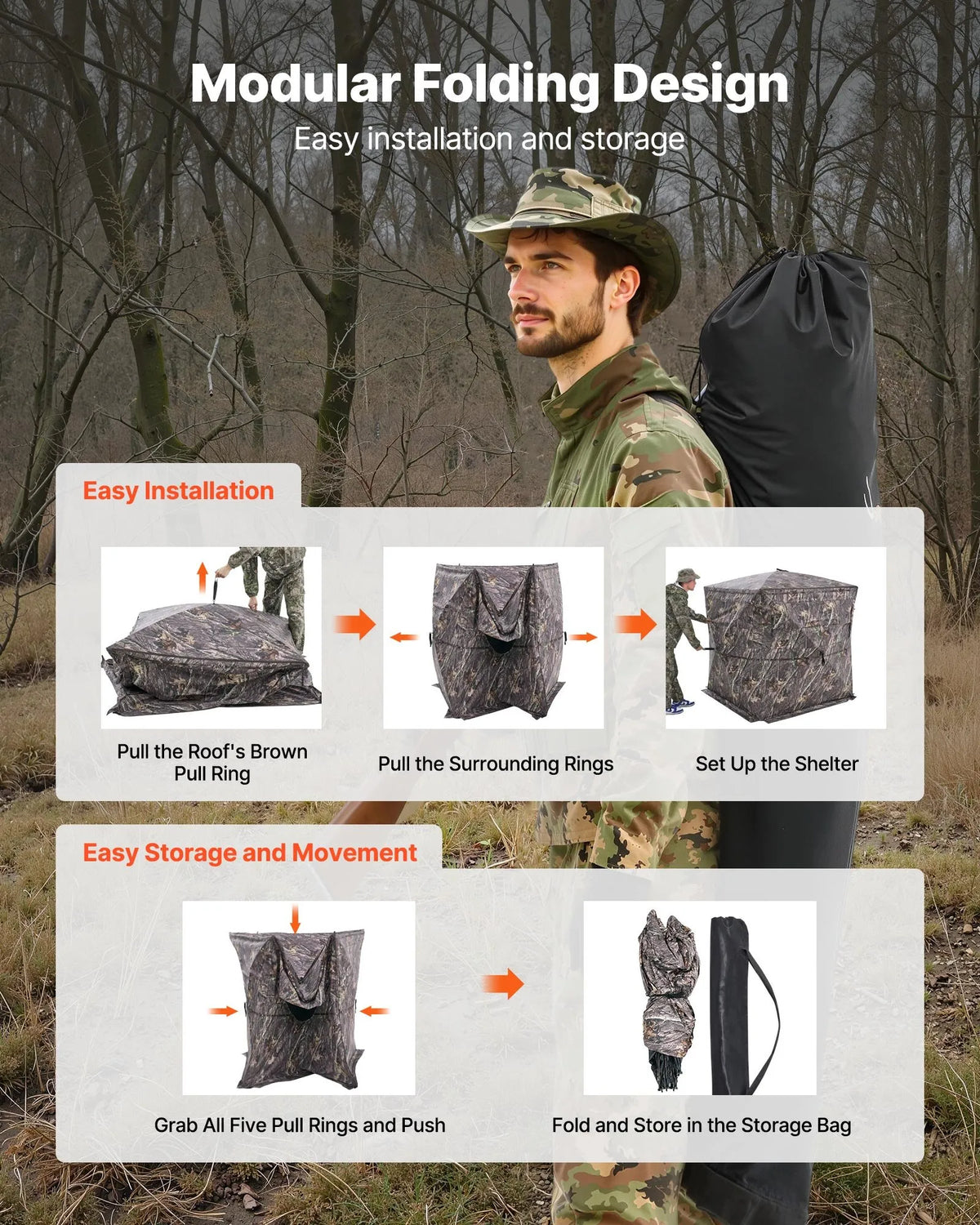 Hunting Blind for 4–5 People with Transparent Construction and Carrying Bag, 360° Portable Camouflage Tent with Silent Zip Door and Window Design, Durable Blind for Deer and Turkey Hunting