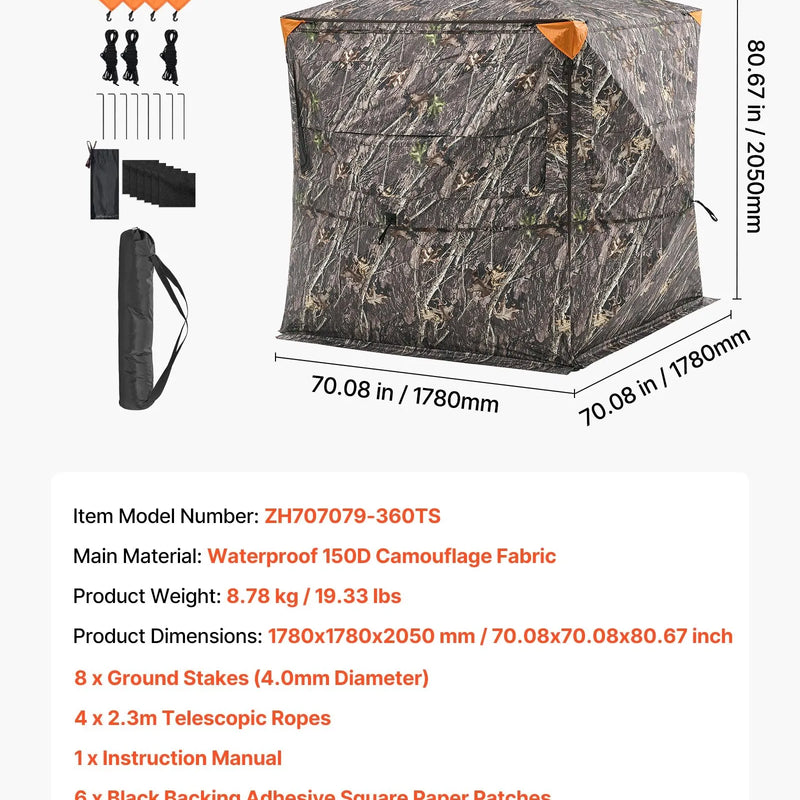 Medību slēpnis 4–5 personām ar caurskatāmu konstrukciju un pārnēsājamo somu, 360° portatīva maskēšanās telts ar kluso rāvējslēdzēja durvju un logu dizainu, izturīgs slēpnis briežu un tītaru medībām