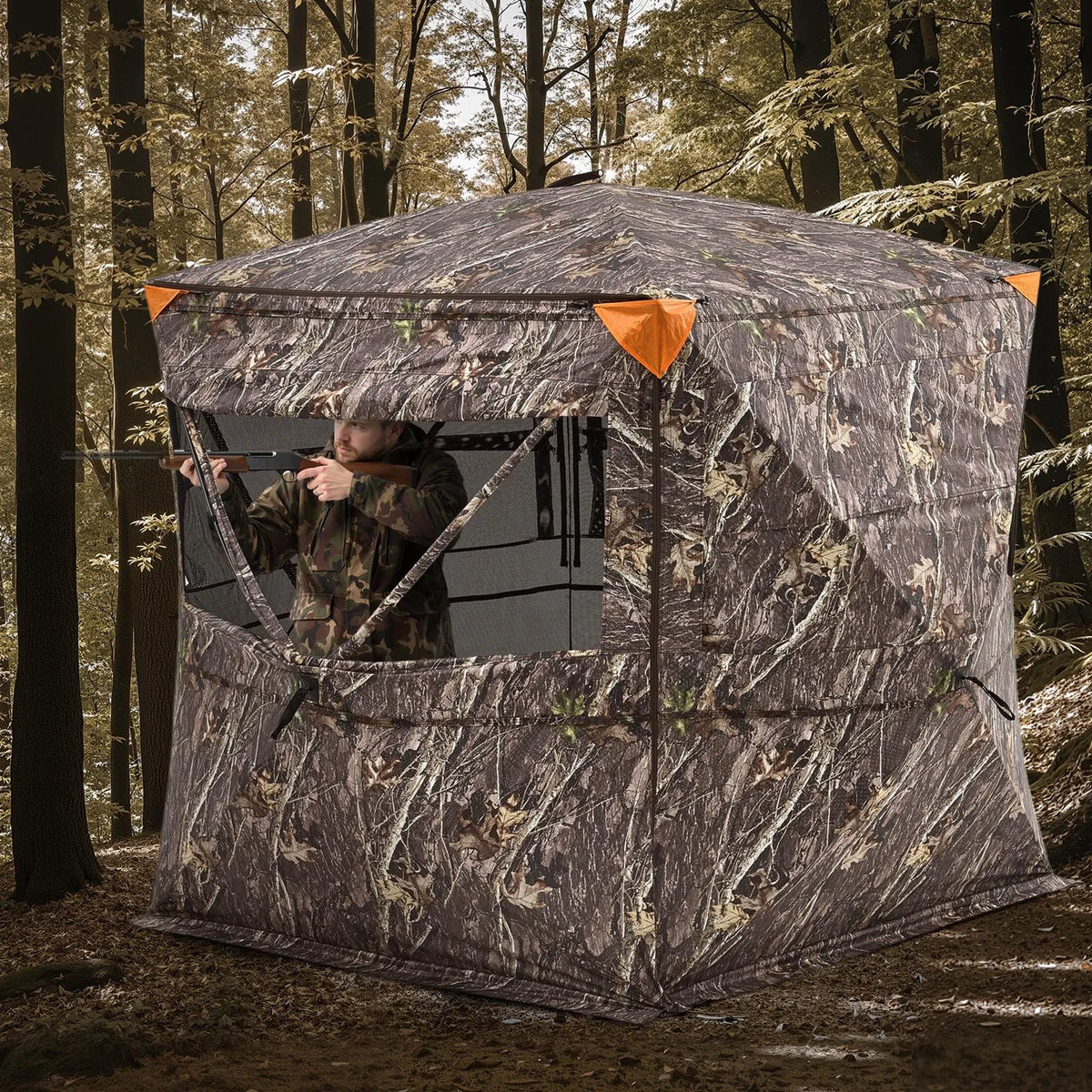Hunting Blind for 4–5 People with Transparent Construction and Carrying Bag, 360° Portable Camouflage Tent with Silent Zip Door and Window Design, Durable Blind for Deer and Turkey Hunting
