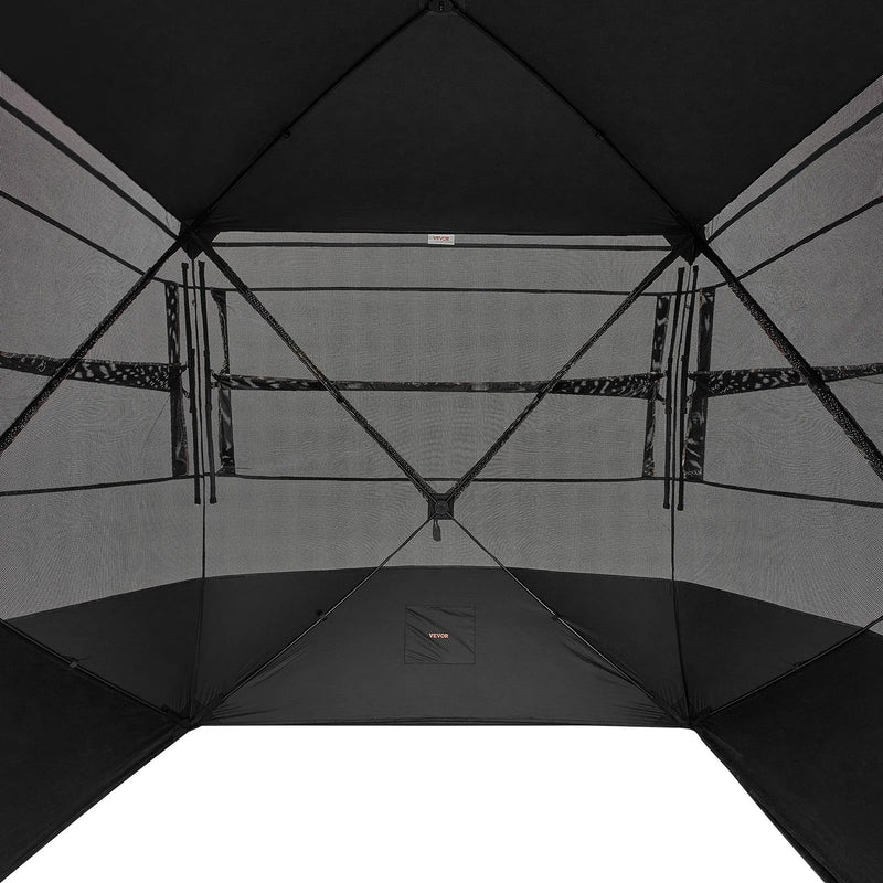 Medību slēpnis 4–5 personām, 270° caurredzams zemes līmeņa maskēšanās telts ar pārnēsājamu somu, izturīgs un kluss patvērums ar magnētiskām durvīm un logiem, piemērots tītaru un briežu medībām