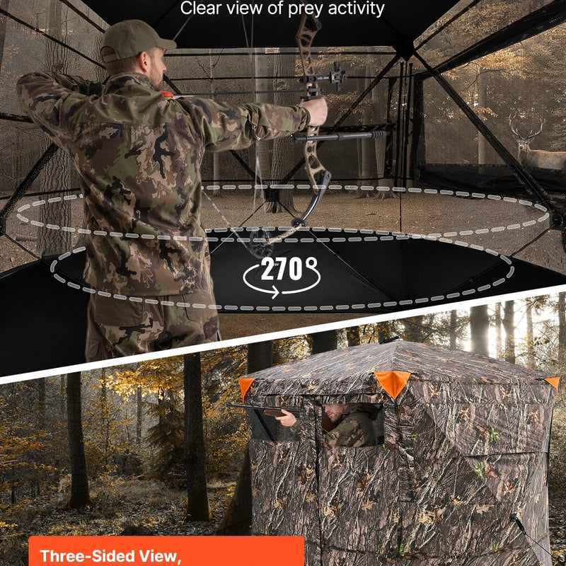 Medību slēpnis 4–5 personām, 270° caurredzams zemes līmeņa maskēšanās telts ar pārnēsājamu somu, izturīgs un kluss patvērums ar magnētiskām durvīm un logiem, piemērots tītaru un briežu medībām