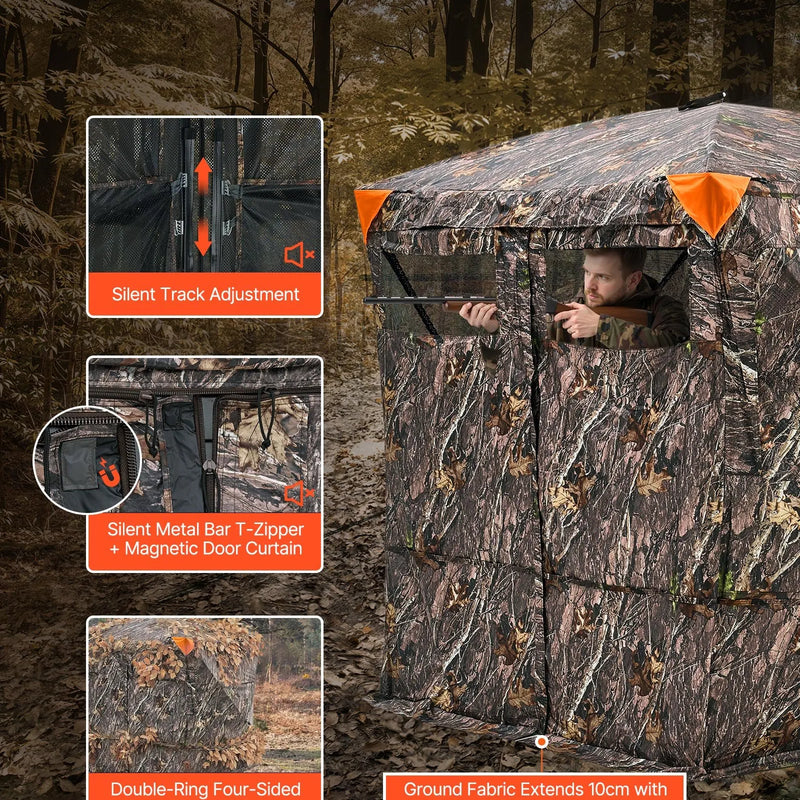 Medību slēpnis 4–5 personām, 270° caurredzams zemes līmeņa maskēšanās telts ar pārnēsājamu somu, izturīgs un kluss patvērums ar magnētiskām durvīm un logiem, piemērots tītaru un briežu medībām