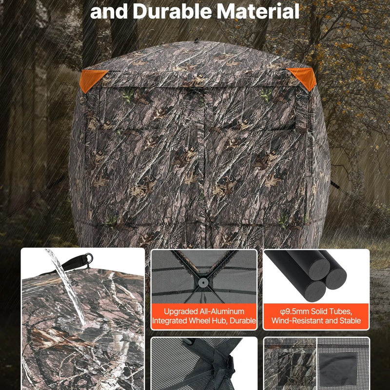 Medību slēpnis 4–5 personām, 270° caurredzams zemes līmeņa maskēšanās telts ar pārnēsājamu somu, izturīgs un kluss patvērums ar magnētiskām durvīm un logiem, piemērots tītaru un briežu medībām