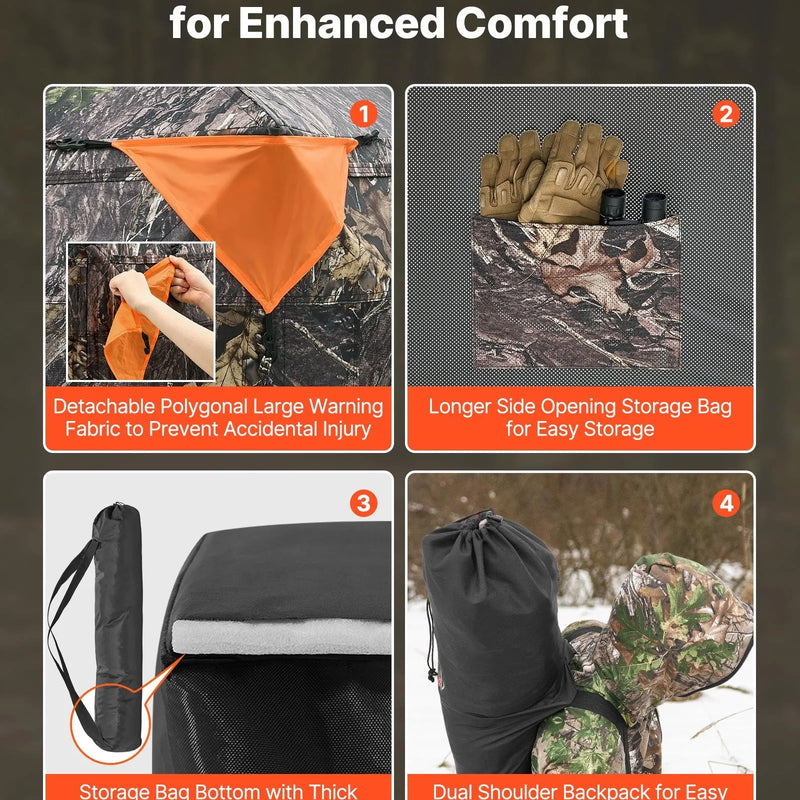 Medību slēpnis 4–5 personām, 270° caurredzams zemes līmeņa maskēšanās telts ar pārnēsājamu somu, izturīgs un kluss patvērums ar magnētiskām durvīm un logiem, piemērots tītaru un briežu medībām