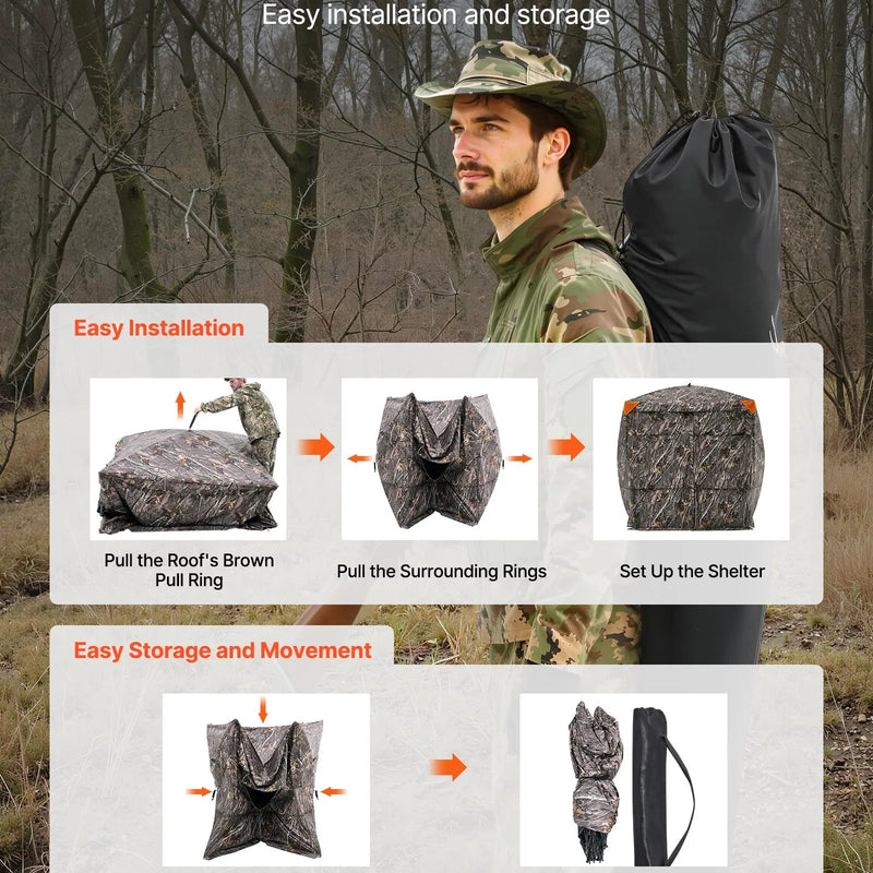 Medību slēpnis 4–5 personām, 270° caurredzams zemes līmeņa maskēšanās telts ar pārnēsājamu somu, izturīgs un kluss patvērums ar magnētiskām durvīm un logiem, piemērots tītaru un briežu medībām