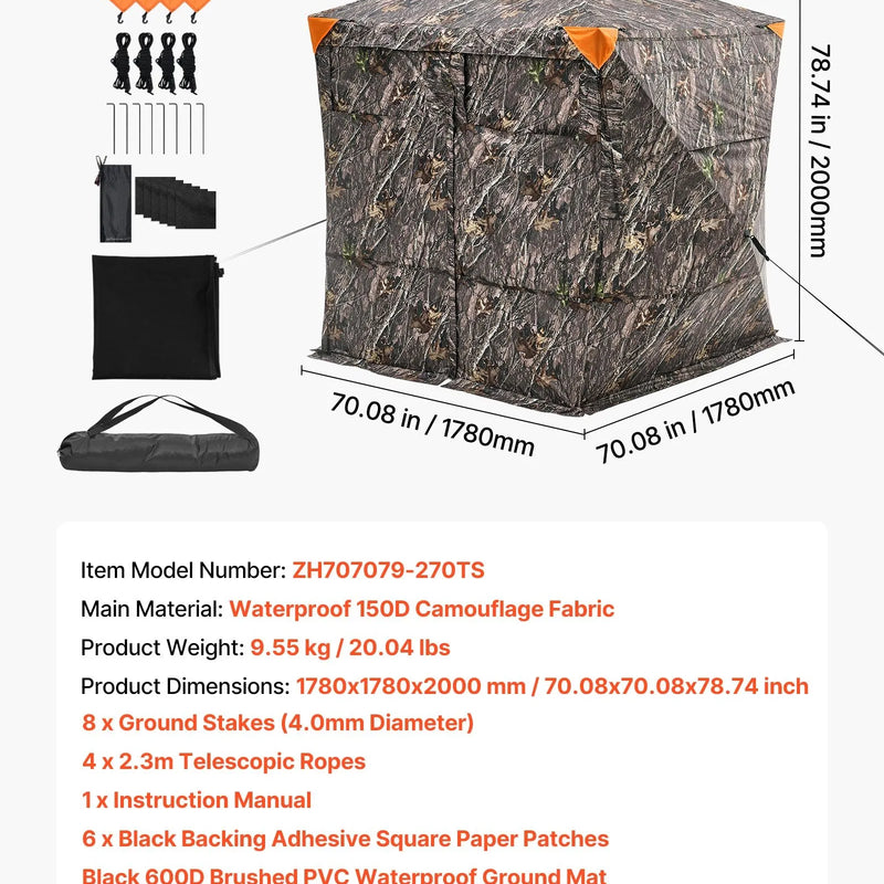 Medību slēpnis 4–5 personām, 270° caurredzams zemes līmeņa maskēšanās telts ar pārnēsājamu somu, izturīgs un kluss patvērums ar magnētiskām durvīm un logiem, piemērots tītaru un briežu medībām