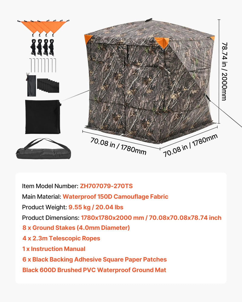 Medību slēpnis 4–5 personām, 270° caurredzams zemes līmeņa maskēšanās telts ar pārnēsājamu somu, izturīgs un kluss patvērums ar magnētiskām durvīm un logiem, piemērots tītaru un briežu medībām