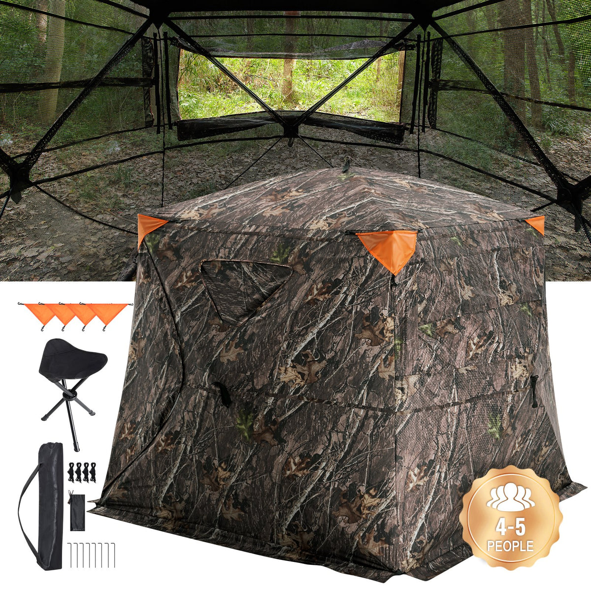 Hunting blind with 270° one-way mesh window, capacity 4–5 persons