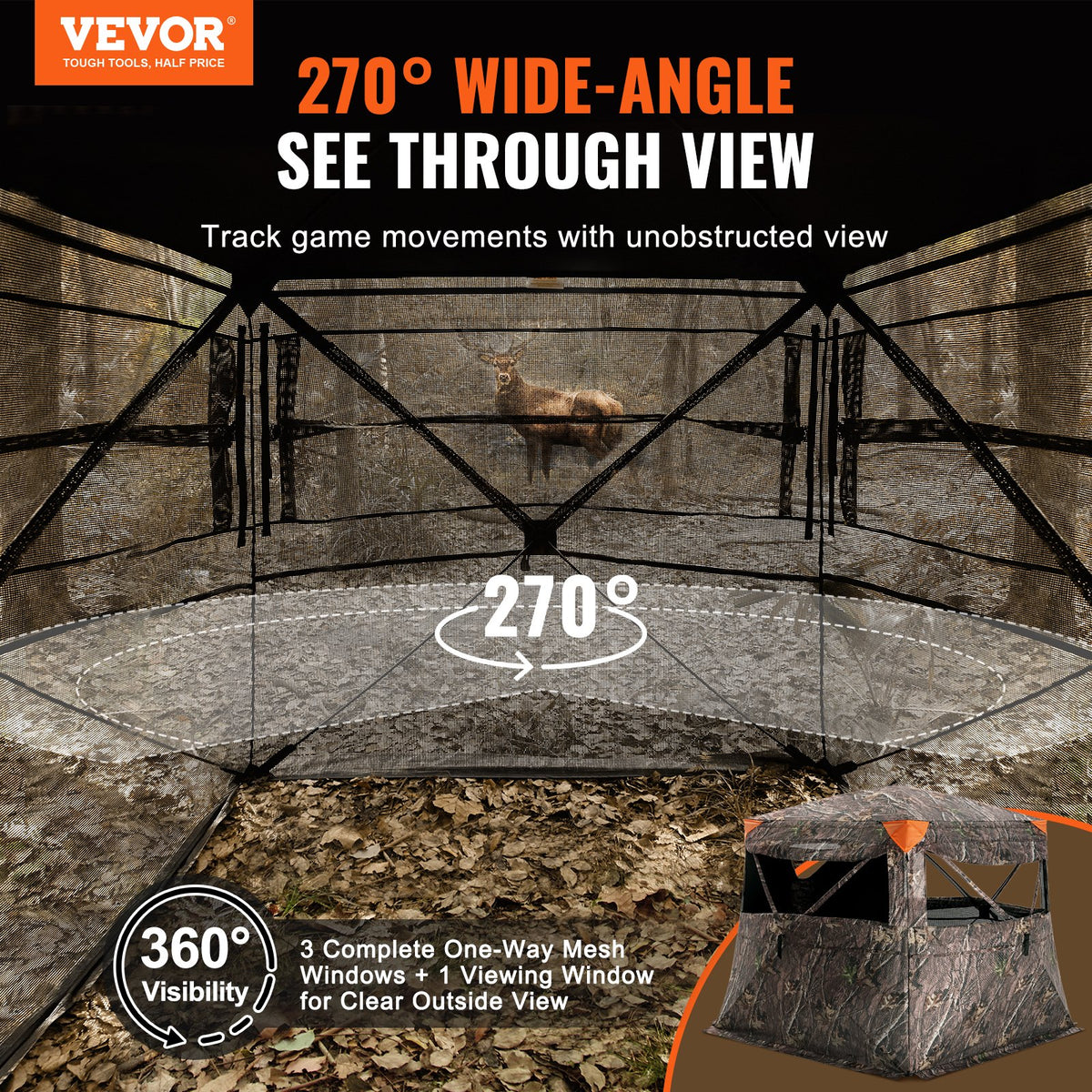 Hunting blind with 270° one-way mesh window, capacity 4–5 persons