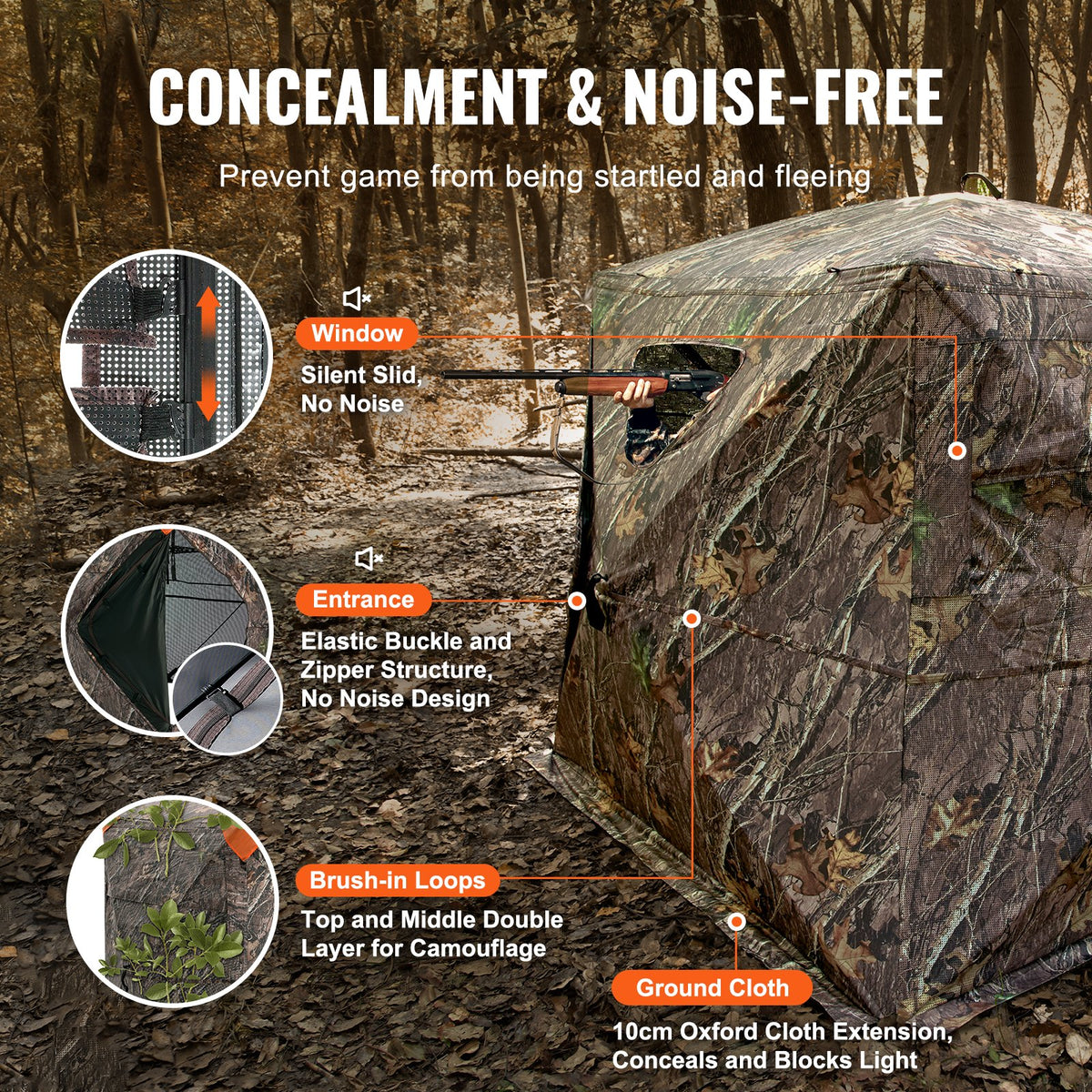 Hunting blind with 270° one-way mesh window, capacity 4–5 persons