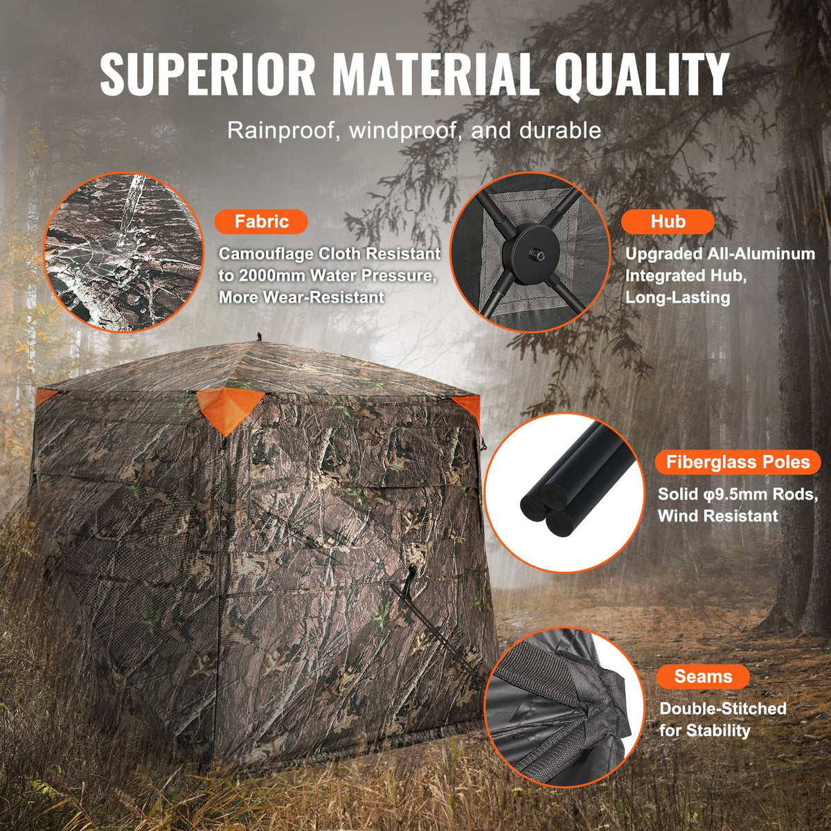 Hunting blind with 270° one-way mesh window, capacity 4–5 persons