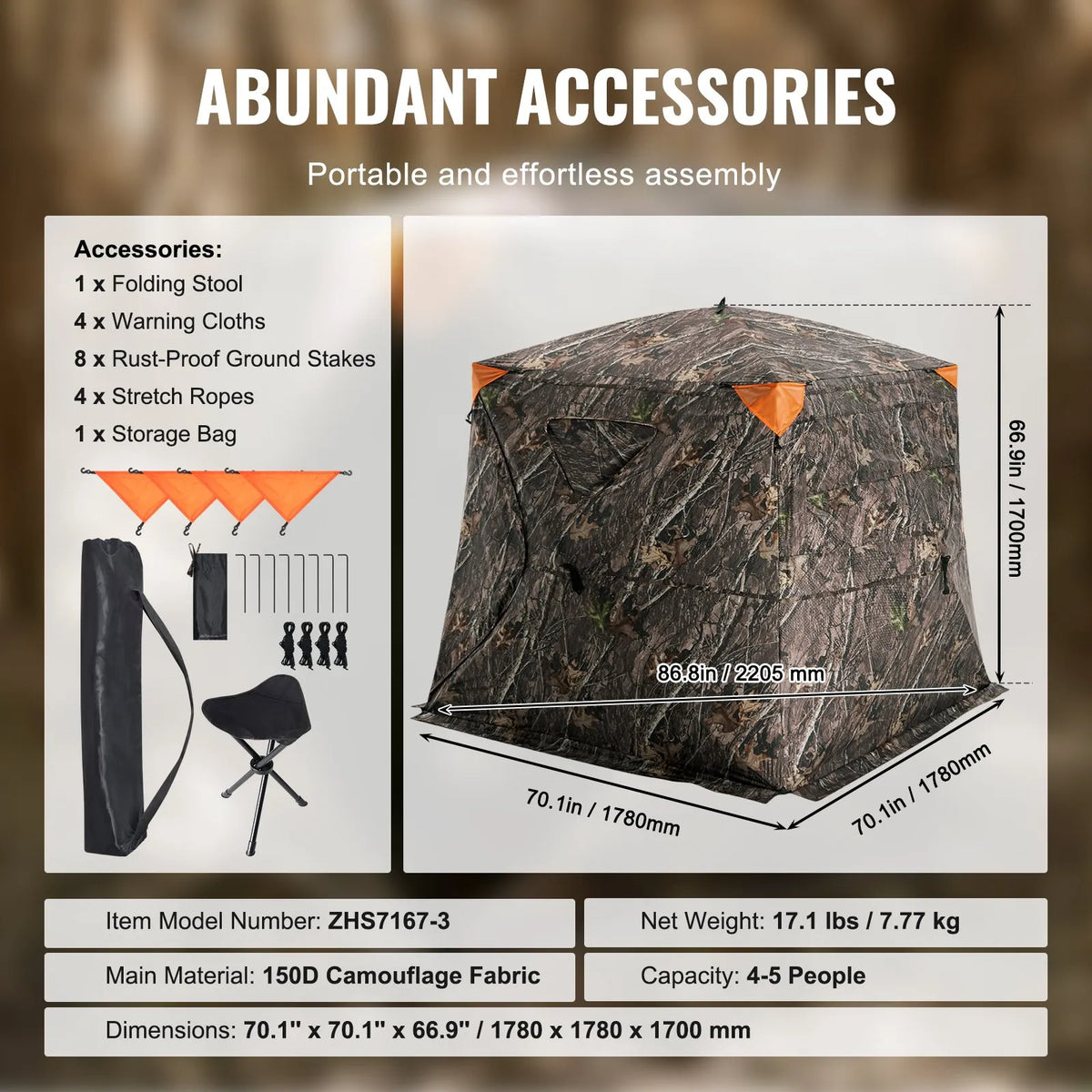Hunting blind with 270° one-way mesh window, capacity 4–5 persons