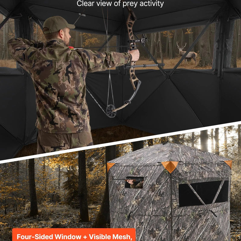 Medību slēpnis 6–7 personām ar pārnēsājamo somu, portatīva maskēšanās telts, pastiprināts izturīgs slēpnis ar kluso rāvējslēdzēja durvju un logu dizainu, piemērots briežu un tītaru medībām