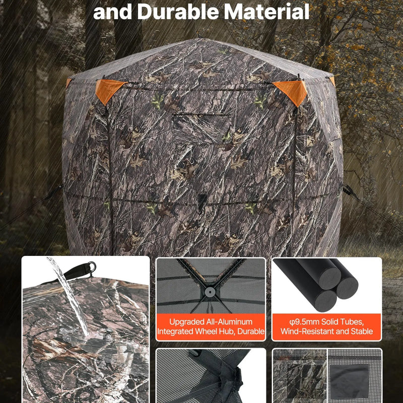 Medību slēpnis 6–7 personām, 288° piecu sānu caurredzamamaskēšanās telts ar pārnēsājamu somu, izturīgs un kluss patvērums ar rāvējslēdzēja durvīm un logiem, piemērots briežu un tītaru medībām