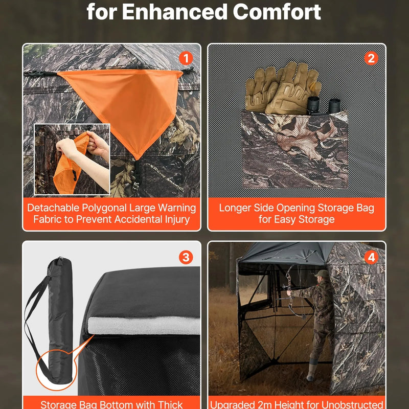 Medību slēpnis 6–7 personām, 288° piecu sānu caurredzamamaskēšanās telts ar pārnēsājamu somu, izturīgs un kluss patvērums ar rāvējslēdzēja durvīm un logiem, piemērots briežu un tītaru medībām