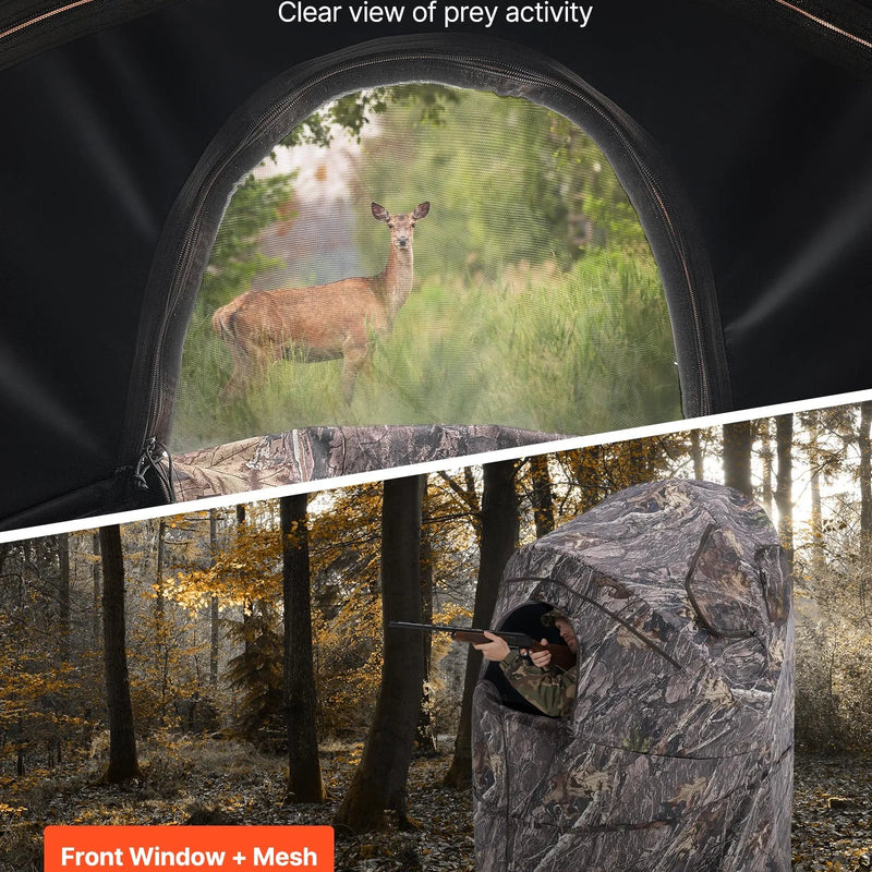 Medību slēpnis vienai personai ar pārnēsājamu somu, portatīva kamuflāžas telts ar pastiprinātu konstrukciju, klusu rāvējslēdzēja durvju un logu aizdari, piemērota medībām uz tītariem un briežiem