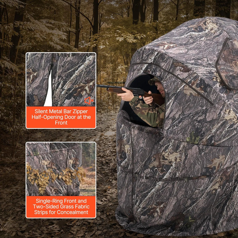Medību slēpnis vienai personai ar pārnēsājamu somu, portatīva kamuflāžas telts ar pastiprinātu konstrukciju, klusu rāvējslēdzēja durvju un logu aizdari, piemērota medībām uz tītariem un briežiem