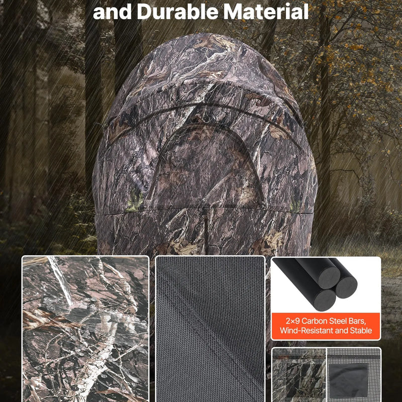 Medību slēpnis vienai personai ar pārnēsājamu somu, portatīva kamuflāžas telts ar pastiprinātu konstrukciju, klusu rāvējslēdzēja durvju un logu aizdari, piemērota medībām uz tītariem un briežiem