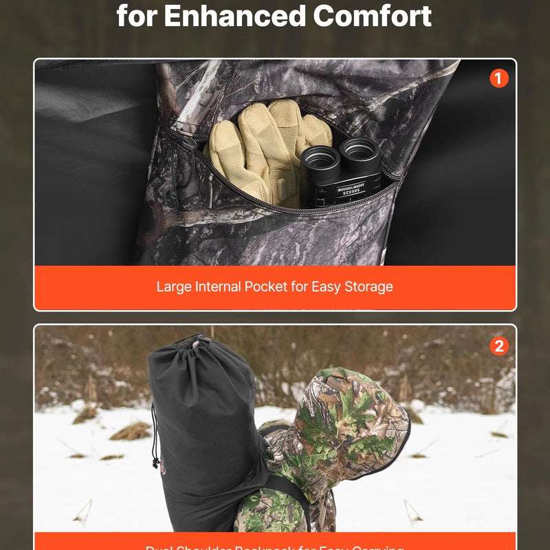 Medību slēpnis vienai personai ar pārnēsājamu somu, portatīva kamuflāžas telts ar pastiprinātu konstrukciju, klusu rāvējslēdzēja durvju un logu aizdari, piemērota medībām uz tītariem un briežiem