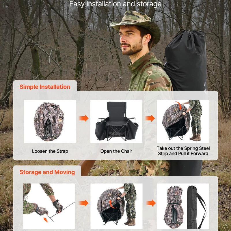 Medību slēpnis vienai personai ar pārnēsājamu somu, portatīva kamuflāžas telts ar pastiprinātu konstrukciju, klusu rāvējslēdzēja durvju un logu aizdari, piemērota medībām uz tītariem un briežiem