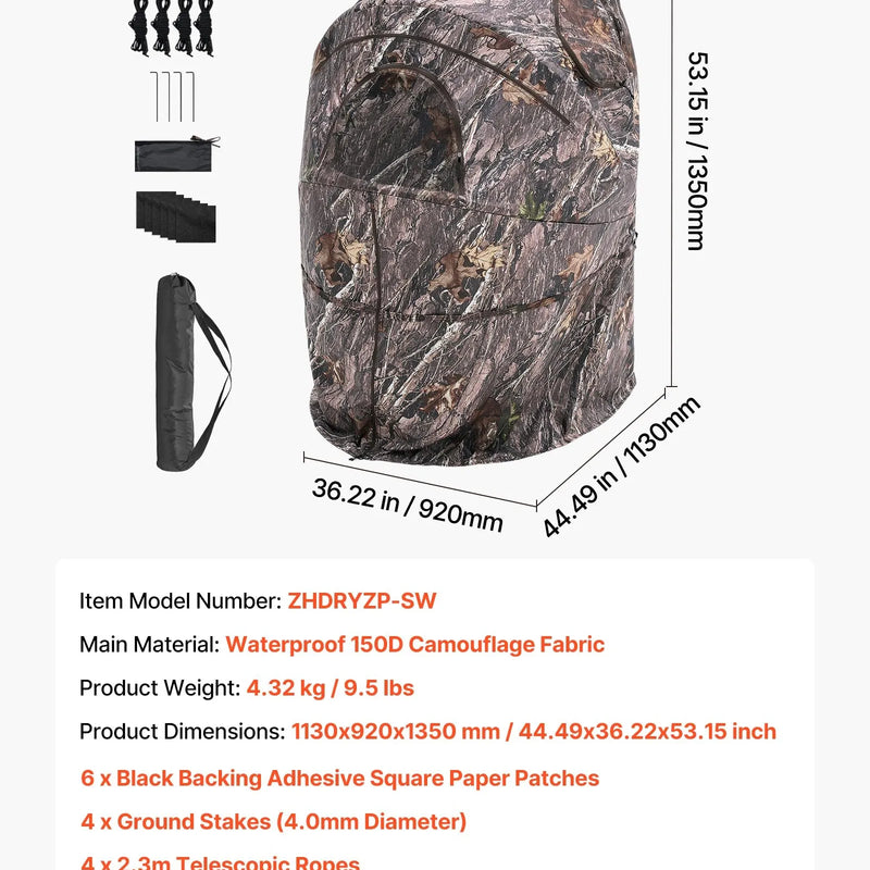 Medību slēpnis vienai personai ar pārnēsājamu somu, portatīva kamuflāžas telts ar pastiprinātu konstrukciju, klusu rāvējslēdzēja durvju un logu aizdari, piemērota medībām uz tītariem un briežiem