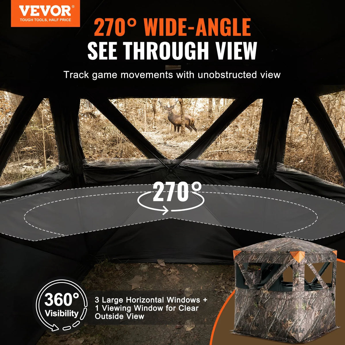Hunting blind 270° with transparent construction and 3 window mesh, suitable for 1–2 persons