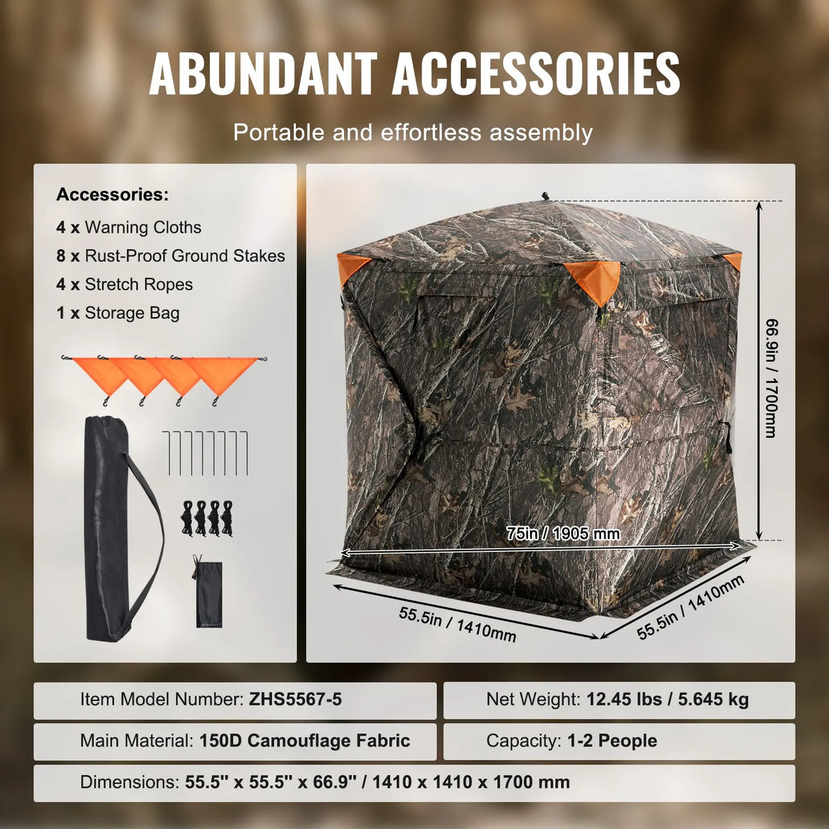 Hunting blind 270° with transparent construction and 3 window mesh, suitable for 1–2 persons