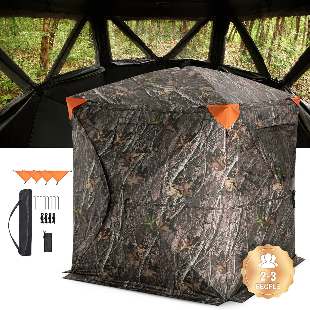 Hunting blind with 270° transparent mesh and 3 windows for 2–3 persons