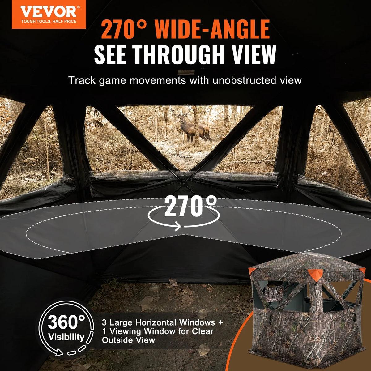 Hunting blind with 270° transparent mesh and 3 windows for 2–3 persons