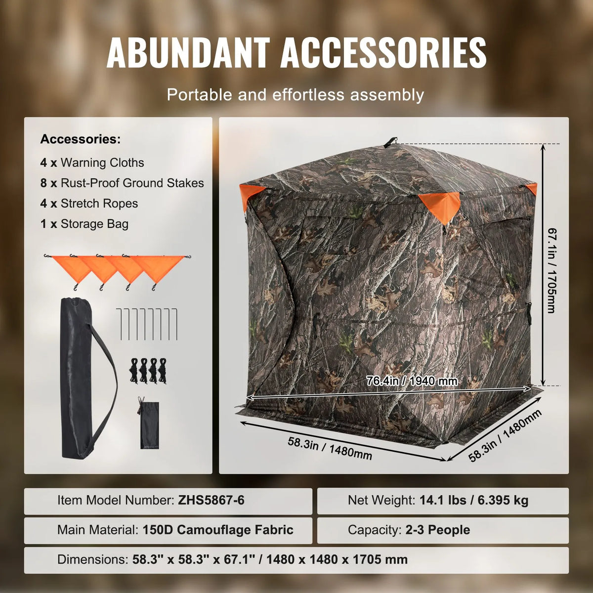 Hunting blind with 270° transparent mesh and 3 windows for 2–3 persons