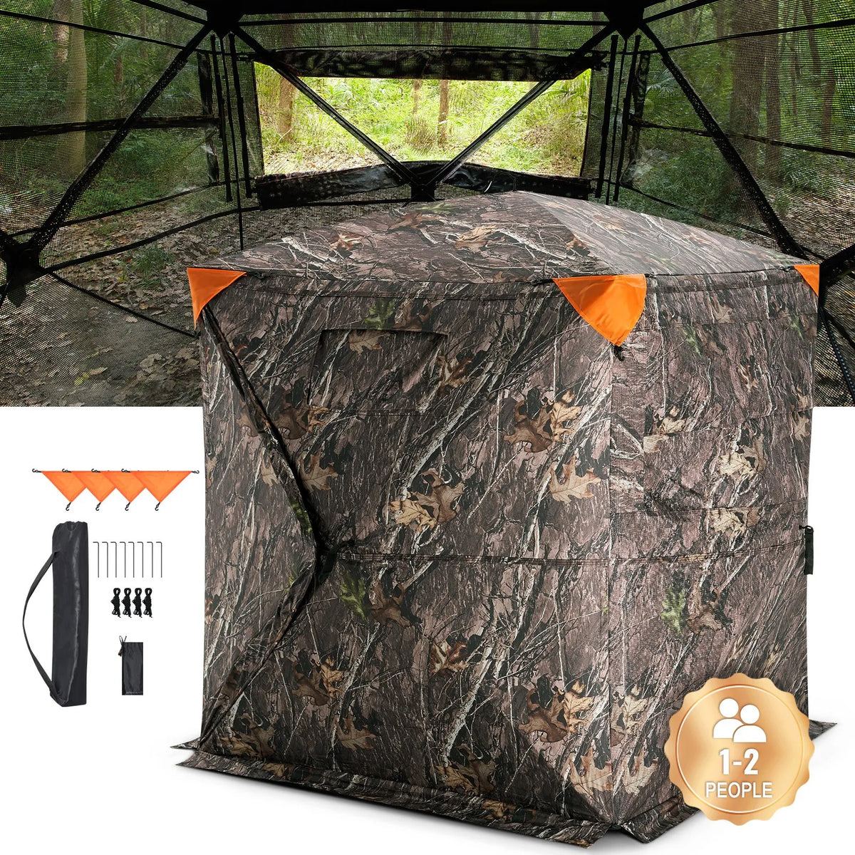 Hunting blind with 270° one-way mesh window for 1–2 persons