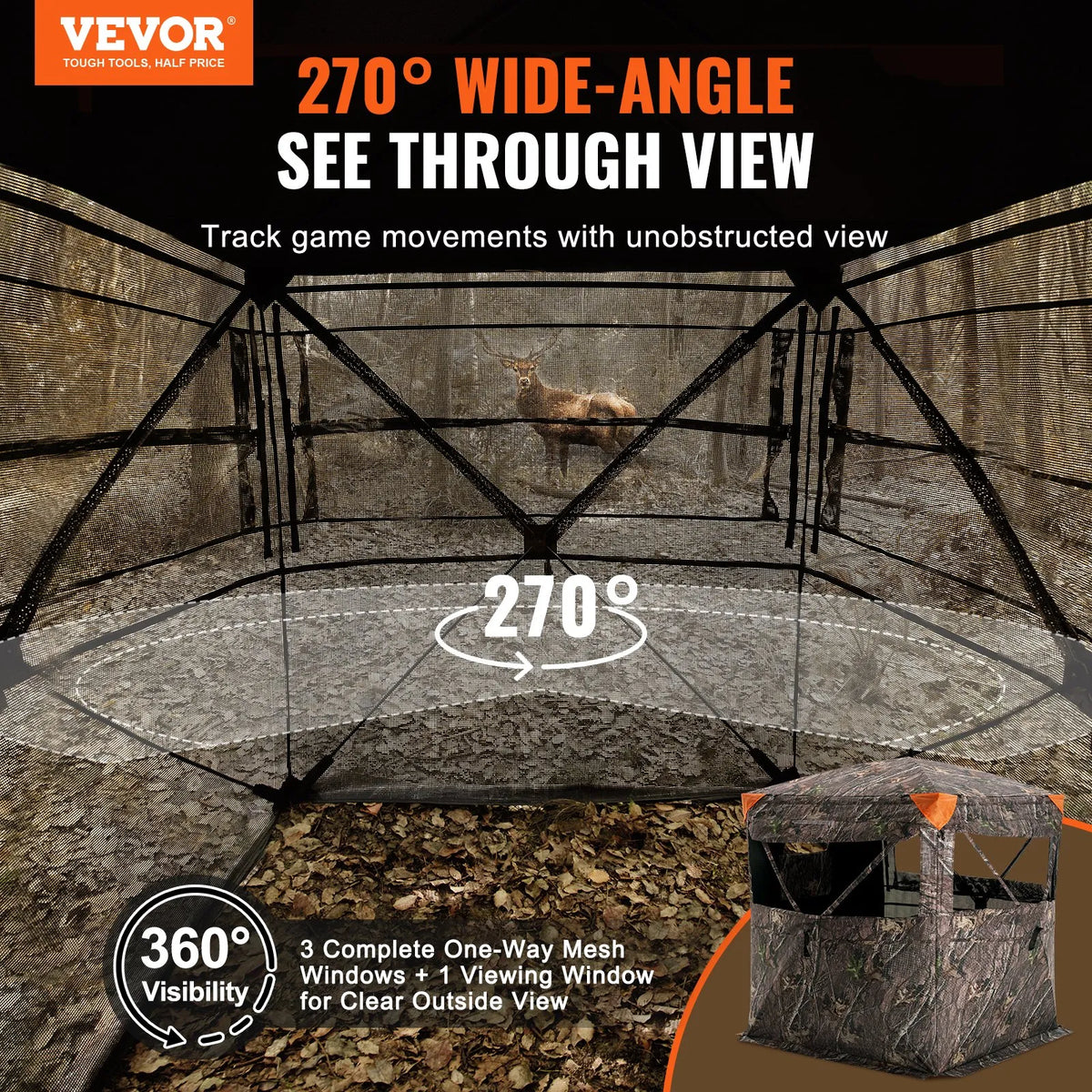 Hunting blind with 270° one-way mesh window for 1–2 persons