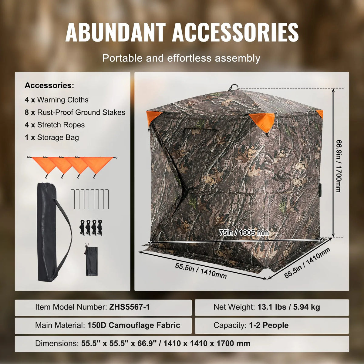 Hunting blind with 270° one-way mesh window for 1–2 persons