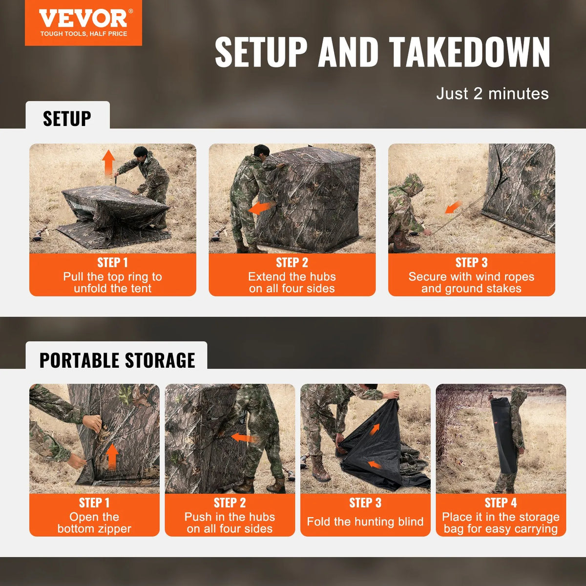 Hunting blind with 270° one-way mesh window for 1–2 persons