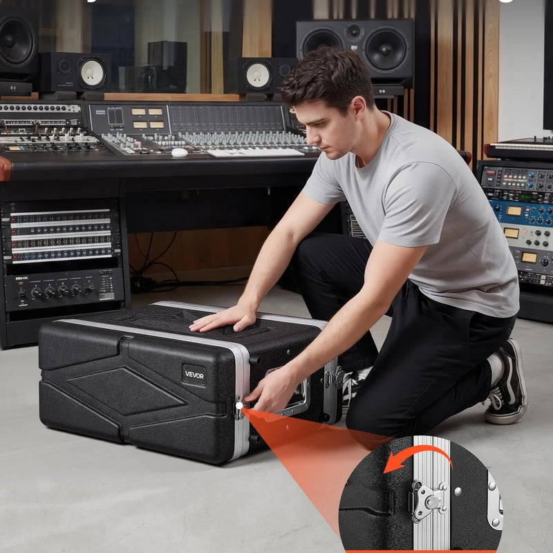 VEVOR 4U rack skapja koferis 310 mm dziļums, seklais serveru un audio aprīkojuma statīva korpuss ar ABS konstrukciju, noņemamiem priekšējiem un aizmugurējiem vākiem un pagriežamām slēdzenēm DJ un audio tehnikai