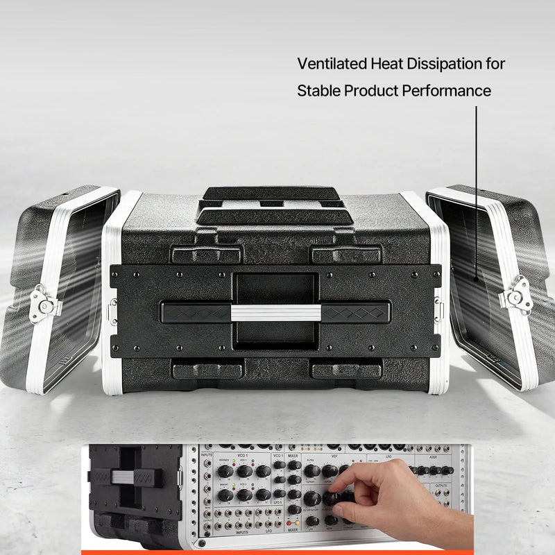 VEVOR 4U rack skapja koferis 480 mm dziļums, serveru un audio aprīkojuma statīva korpuss ar ABS konstrukciju, noņemamiem priekšējiem un aizmugurējiem vākiem, pagriežamām slēdzenēm pastiprinātājiem un DJ mikseriem
