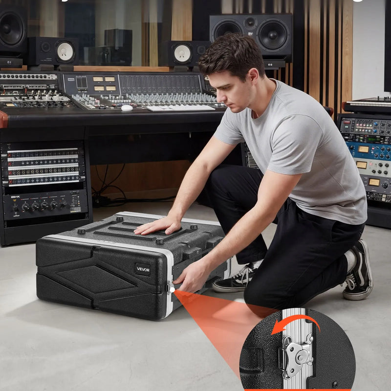 VEVOR 4U rack skapja koferis 480 mm dziļums, serveru un audio aprīkojuma statīva korpuss ar ABS konstrukciju, noņemamiem priekšējiem un aizmugurējiem vākiem, pagriežamām slēdzenēm pastiprinātājiem un DJ mikseriem