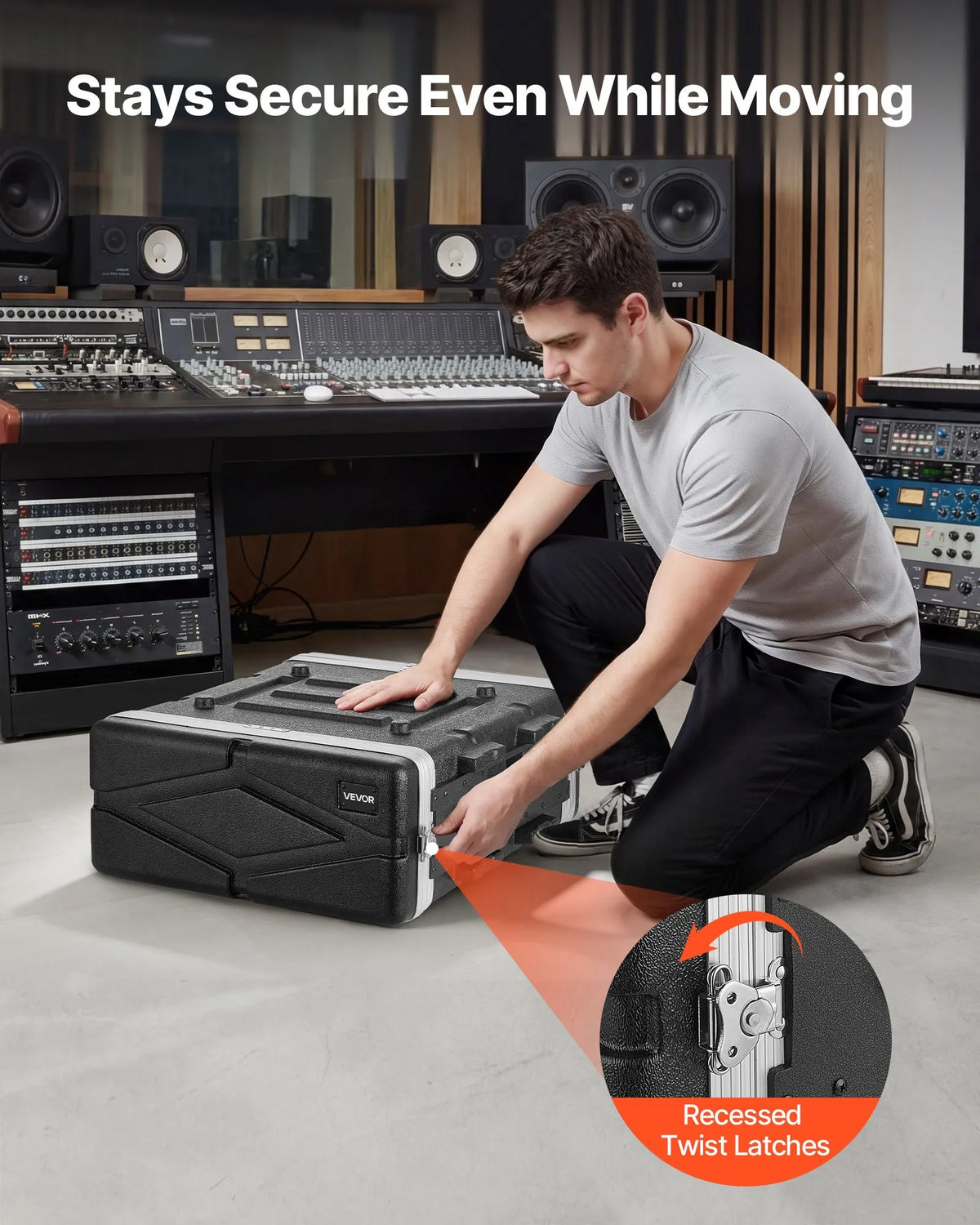 VEVOR 4U rack skapja koferis 480 mm dziļums, serveru un audio aprīkojuma statīva korpuss ar ABS konstrukciju, noņemamiem priekšējiem un aizmugurējiem vākiem, pagriežamām slēdzenēm pastiprinātājiem un DJ mikseriem
