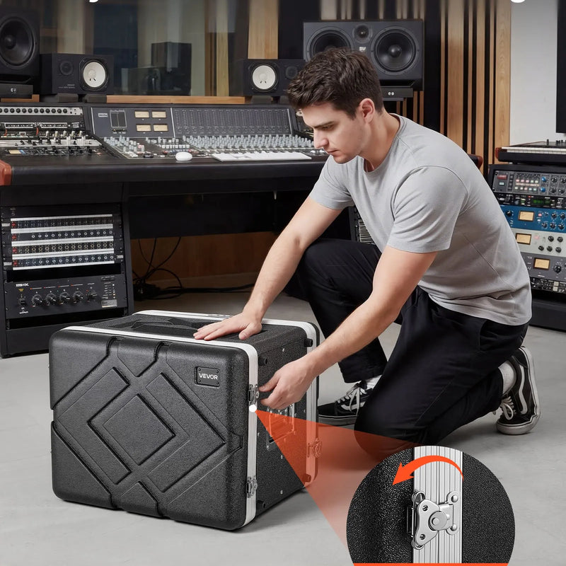 VEVOR 8U rack skapja koferis 310 mm dziļums, seklais serveru un audio aprīkojuma statīva korpuss ar ABS konstrukciju, noņemamiem priekšējiem un aizmugurējiem vākiem un pagriežamām slēdzenēm DJ un audio tehnikai