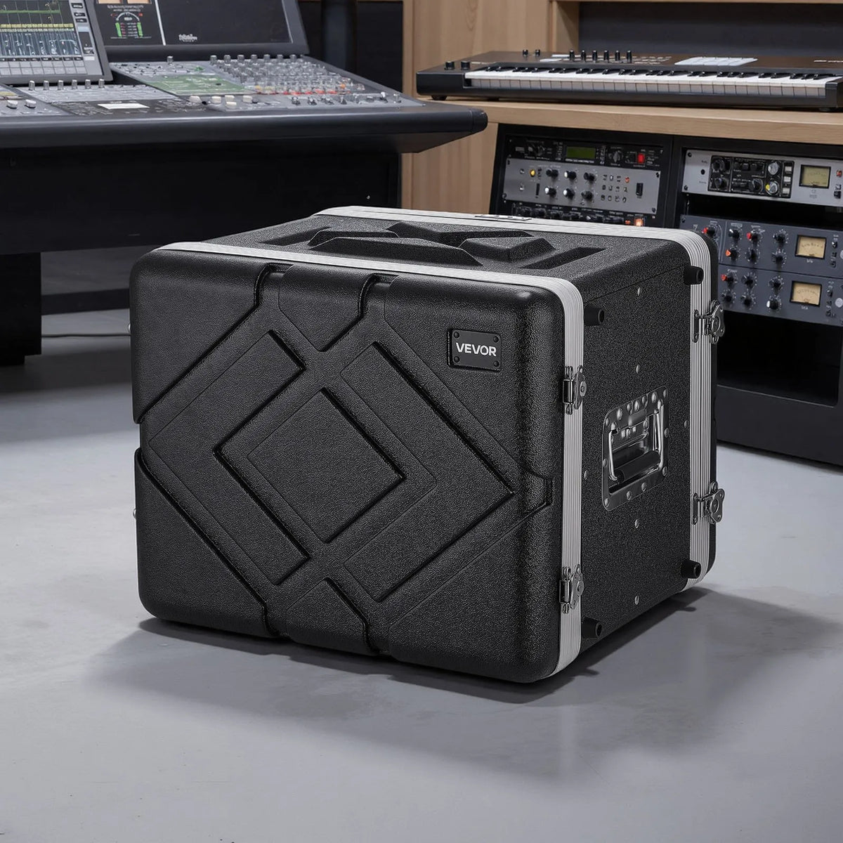 VEVOR 8U rack skapja koferis 310 mm dziļums, seklais serveru un audio aprīkojuma statīva korpuss ar ABS konstrukciju, noņemamiem priekšējiem un aizmugurējiem vākiem un pagriežamām slēdzenēm DJ un audio tehnikai