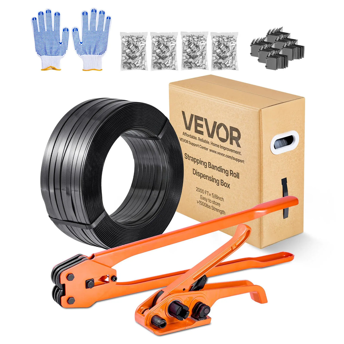 VEVOR Pallet Strapping Kit with Tensioning and Sealing Tool, 610 m PET Tape, 600 Metal Seals, 200 Corner Protectors, Plastic Packaging Set for Warehouse, Transport and Home