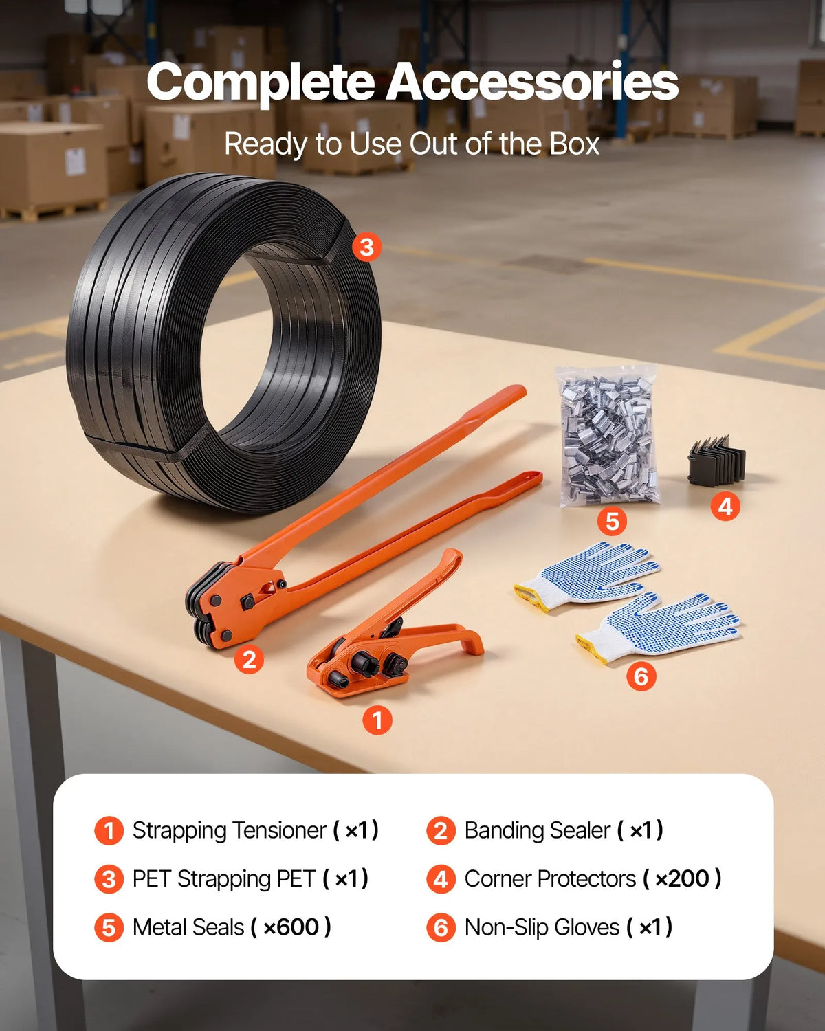 VEVOR Pallet Strapping Kit with Tensioning and Sealing Tool, 610 m PET Tape, 600 Metal Seals, 200 Corner Protectors, Plastic Packaging Set for Warehouse, Transport and Home
